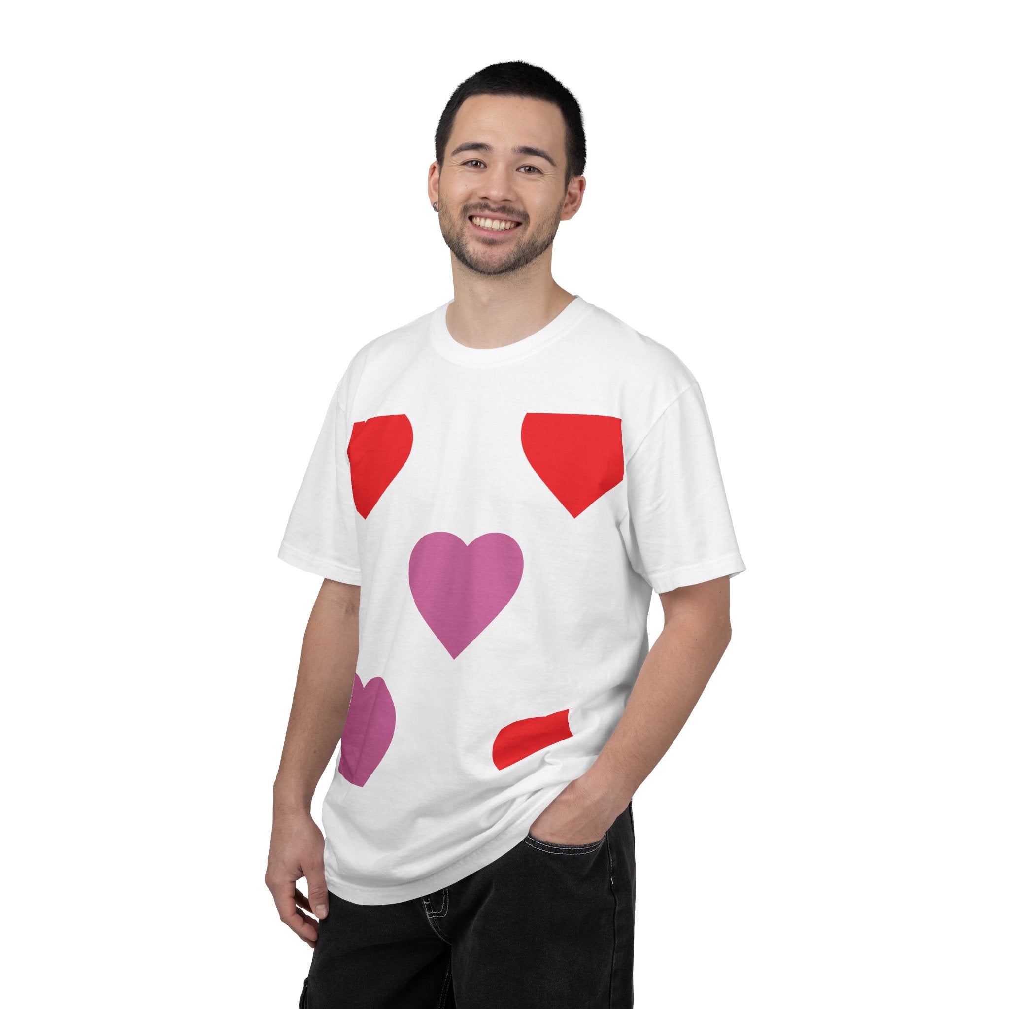 Heart Pattern T-Shirt — Pink & Red Hearts Graphic Tee (Wholeness Back Print)